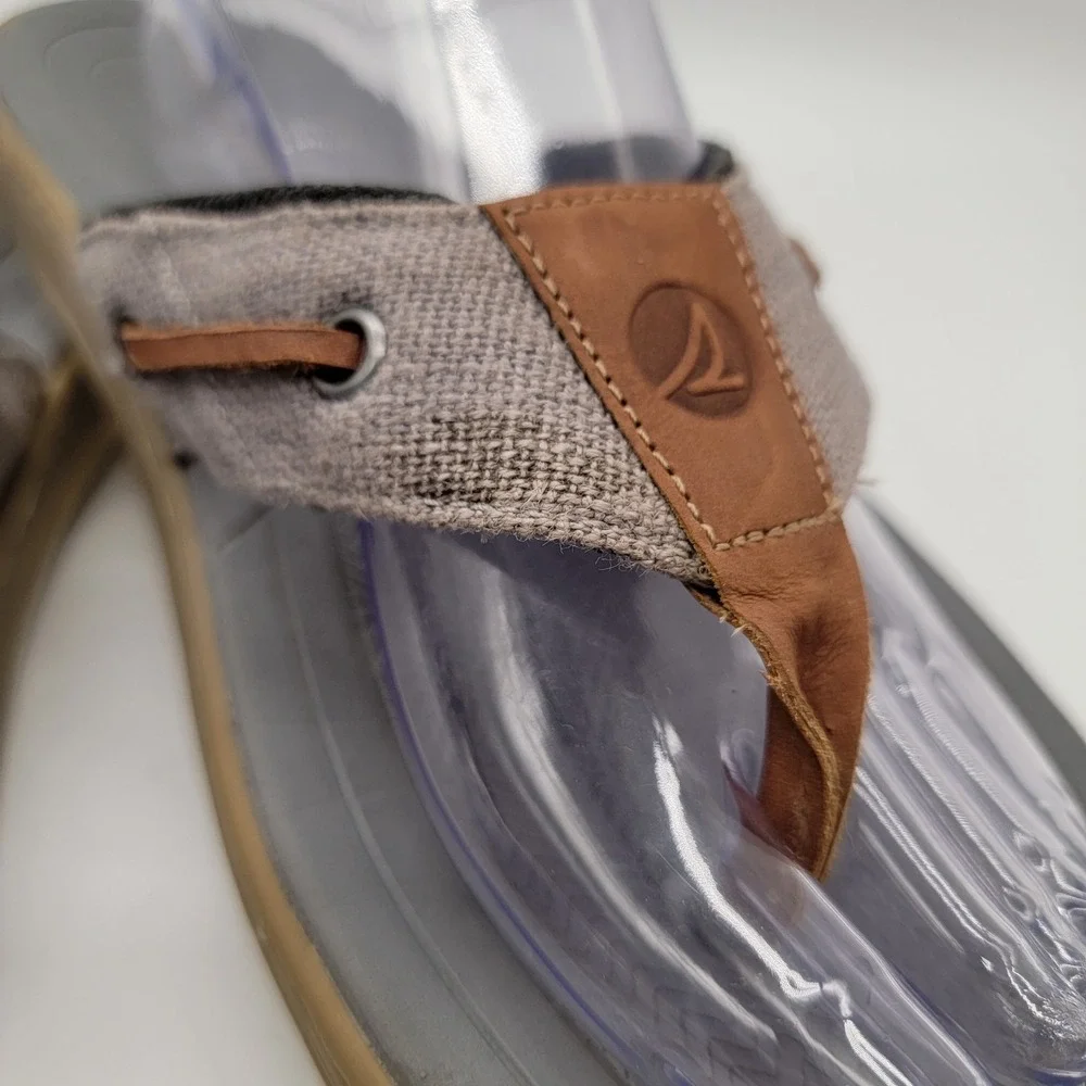 Sperry Thong Flip Flop Tan Leather/Gray Canvas Sandals 13M Model STS25231